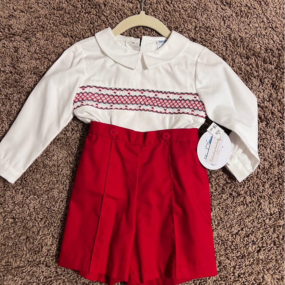 LULI & ME BOYS CLASSIC RED CHRISTMAS SMOCKED BUTTON ON OUTFIT